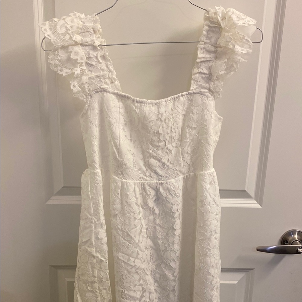 NEW White Mini Lace Dress with Ruffled Puff Sleeves
